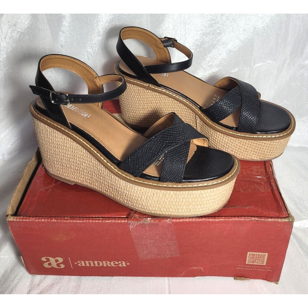 Andrea Black 3.75" Jute Heel Chunky Platform Wedge Sandals - US Size 8